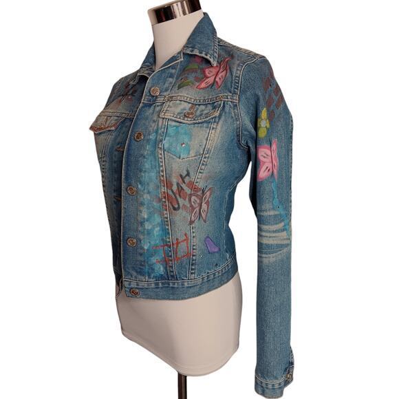 VINTAGE 90s Y2K Jean Jacket Painted‎ Denim Butterflies Artsy Studs Faded Small